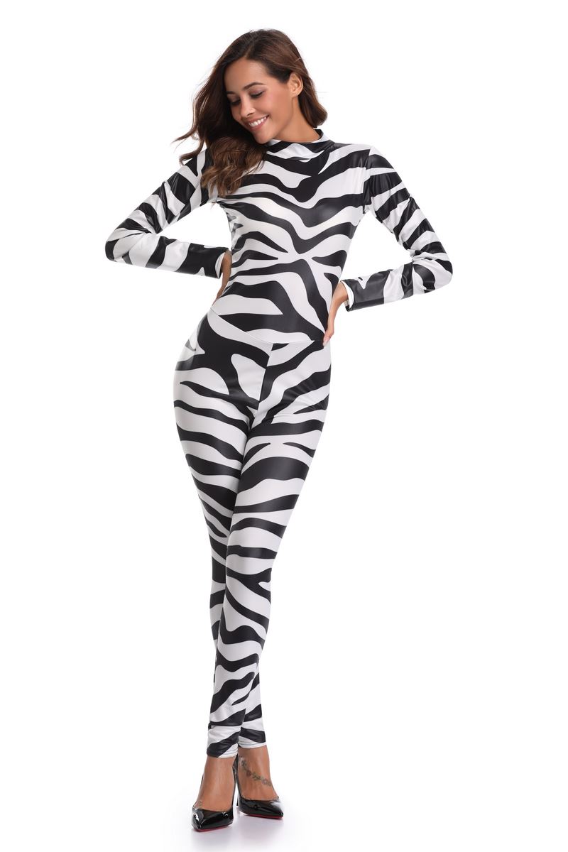 F1822 Sexy Halloween zebra Print Catsuit Party Fancy Dress Jumpsuit playsuit